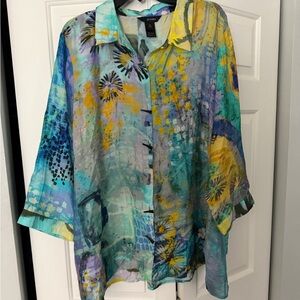 Ali miles Abstract Watercolor Button-Up Blouse in Teal & Yellow 2x